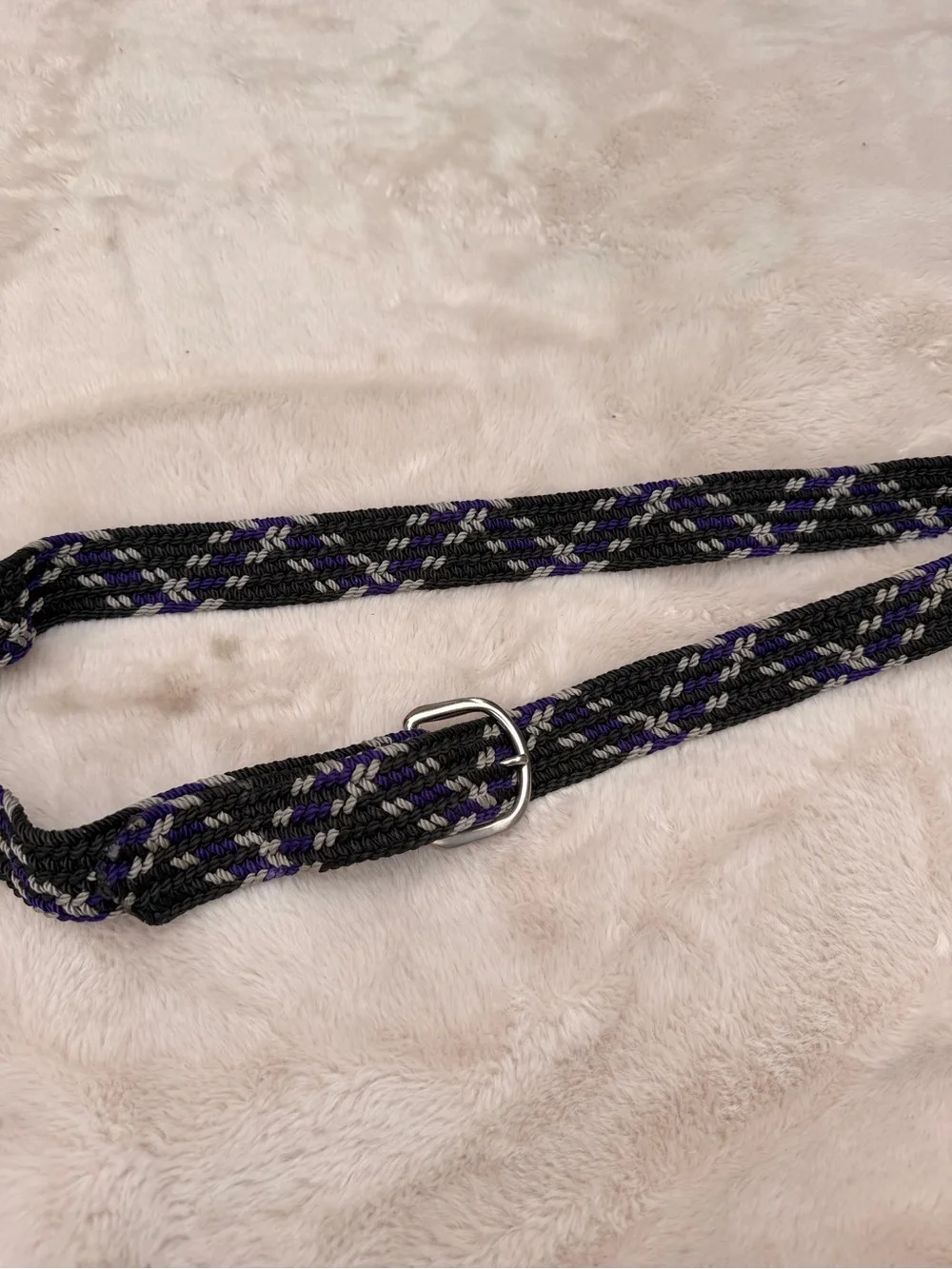 Vintage Woven Braided Belt in Black, Gray & Purple with Silver Buckle